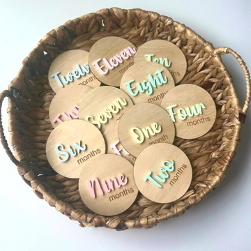 3D PASTEL acrylic layered wooden baby milestone discs + birth intro plaque
